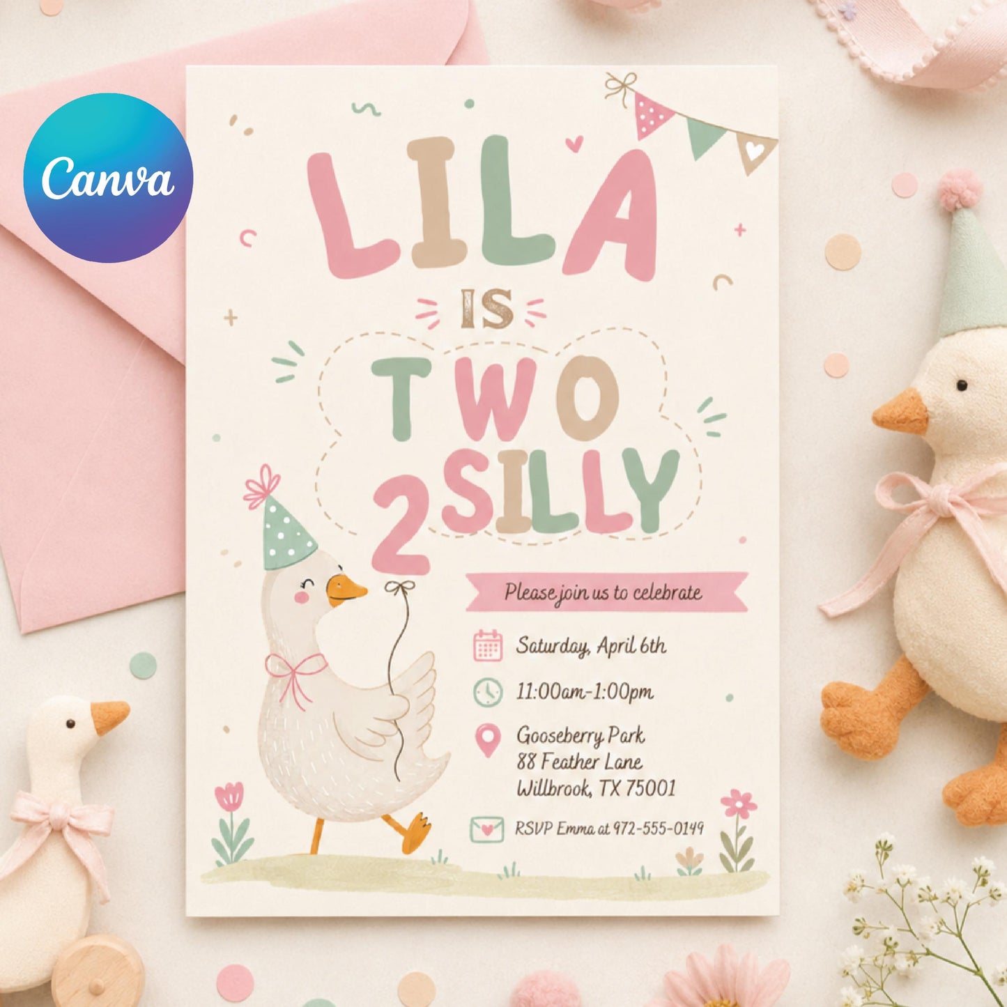 Two silly birthday invitation, 2nd birthday girl digital invite, Pink birthday party evite, Goose on the loose, Silly Goose invitation Canva __etsy:8015094376