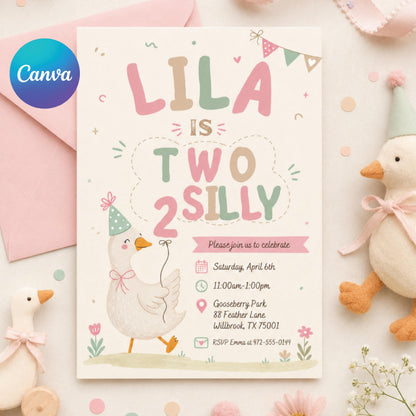 Two silly birthday invitation, 2nd birthday girl digital invite, Pink birthday party evite, Goose on the loose, Silly Goose invitation Canva __etsy:8015094376