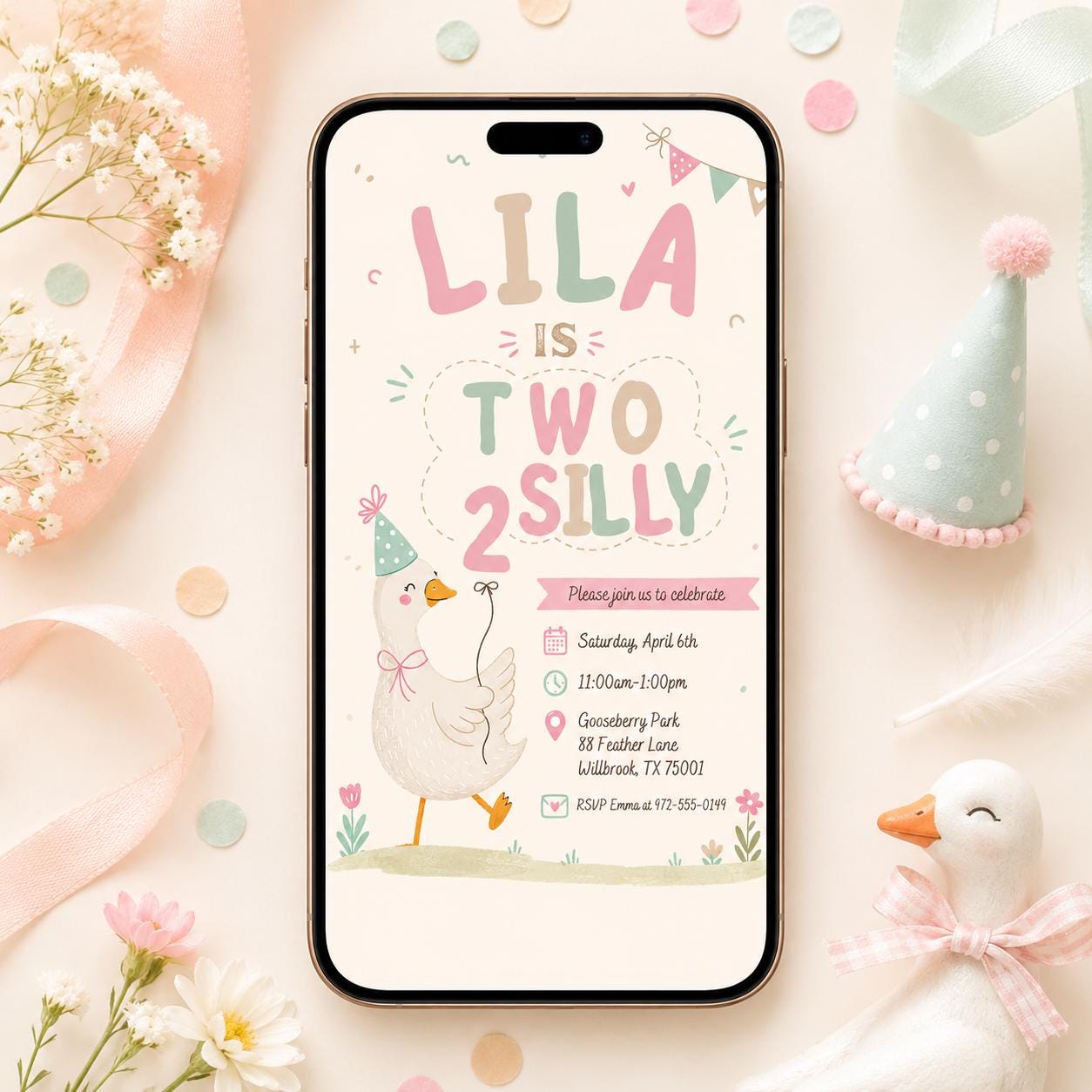 Two silly birthday invitation, 2nd birthday girl digital invite, Pink birthday party evite, Goose on the loose, Silly Goose invitation Canva __etsy:8062999569