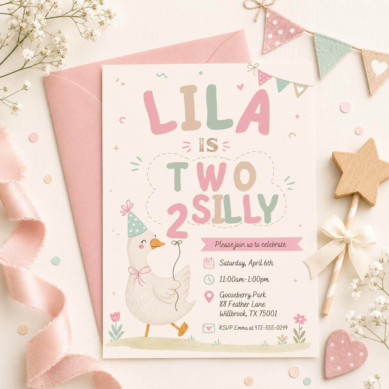 Two silly birthday invitation, 2nd birthday girl digital invite, Pink birthday party evite, Goose on the loose, Silly Goose invitation Canva __etsy:8062999575