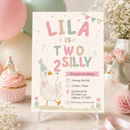 Two silly birthday invitation, 2nd birthday girl digital invite, Pink birthday party evite, Goose on the loose, Silly Goose invitation Canva __etsy:8062999573