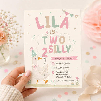 Two silly birthday invitation, 2nd birthday girl digital invite, Pink birthday party evite, Goose on the loose, Silly Goose invitation Canva __etsy:8062999579