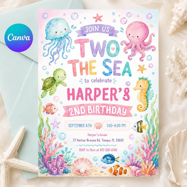 Pink Two the Sea Birthday Invitation for Girls