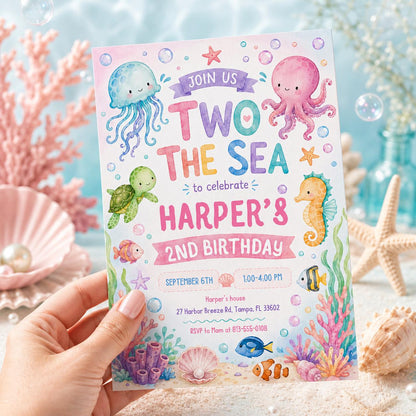 Two the Sea Birthday Invitation, Editable Mermaid 2nd Birthday Invite, Pink Girls Birthday Party, Ocean Animals Sea Life, Canva Template __etsy:8008584394