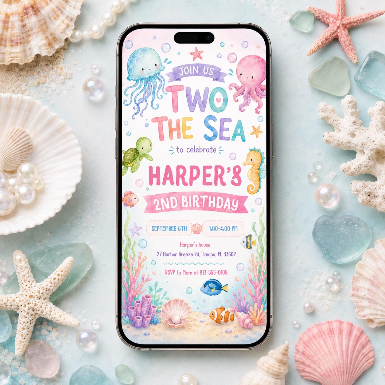 Two the Sea Birthday Invitation, Editable Mermaid 2nd Birthday Invite, Pink Girls Birthday Party, Ocean Animals Sea Life, Canva Template __etsy:8008584916