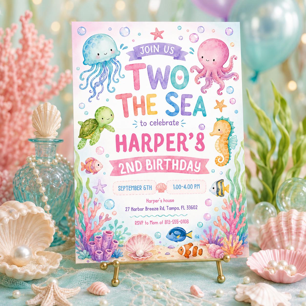 Two the Sea Birthday Invitation, Editable Mermaid 2nd Birthday Invite, Pink Girls Birthday Party, Ocean Animals Sea Life, Canva Template __etsy:8008584912