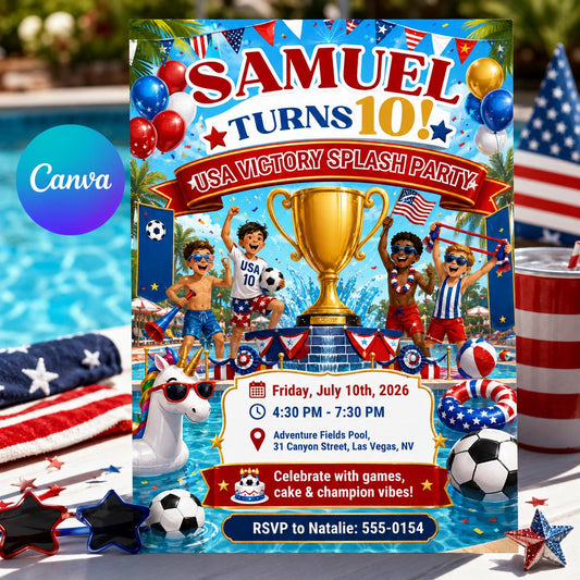 USA Victory Splash Birthday Invitation, Editable 4th July Pool Party Invite, Boy 10th Birthday Soccer Template, Printable Digital __etsy:8131706798