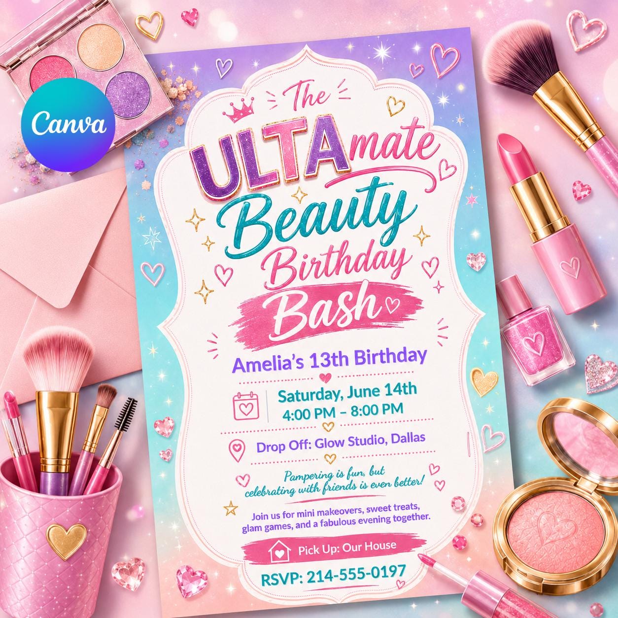 Ultra Beauty Inspired Birthday Invitation, Makeup Party, Tween Birthday Invite, Editable Canva Template __etsy:8054876881