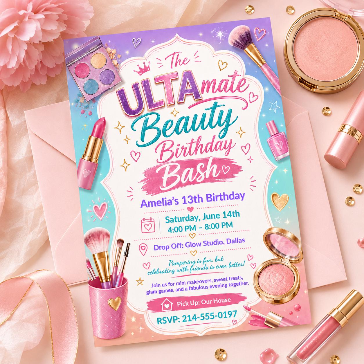 Ultra Beauty Inspired Birthday Invitation, Makeup Party, Tween Birthday Invite, Editable Canva Template __etsy:8054875399