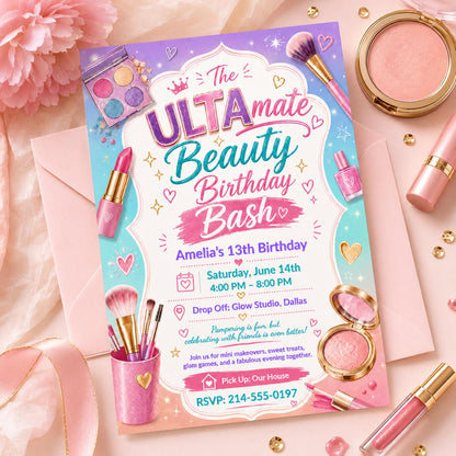 Ultra Beauty Inspired Birthday Invitation, Makeup Party, Tween Birthday Invite, Editable Canva Template __etsy:8054875399