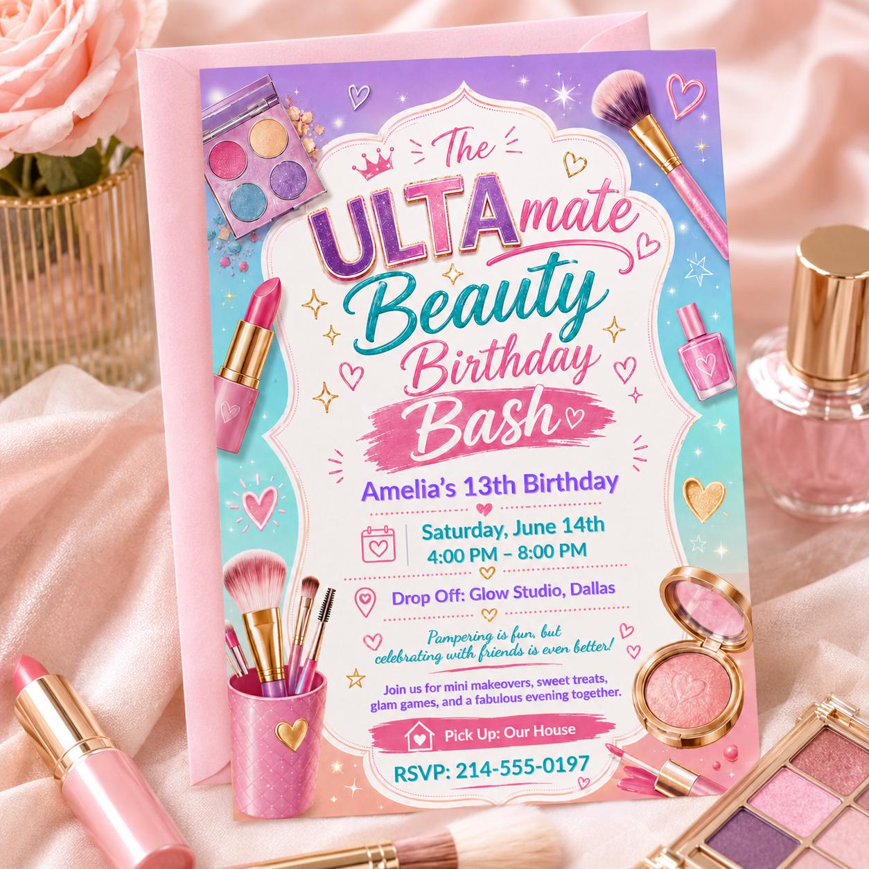 Ultra Beauty Inspired Birthday Invitation, Makeup Party, Tween Birthday Invite, Editable Canva Template __etsy:8054875411