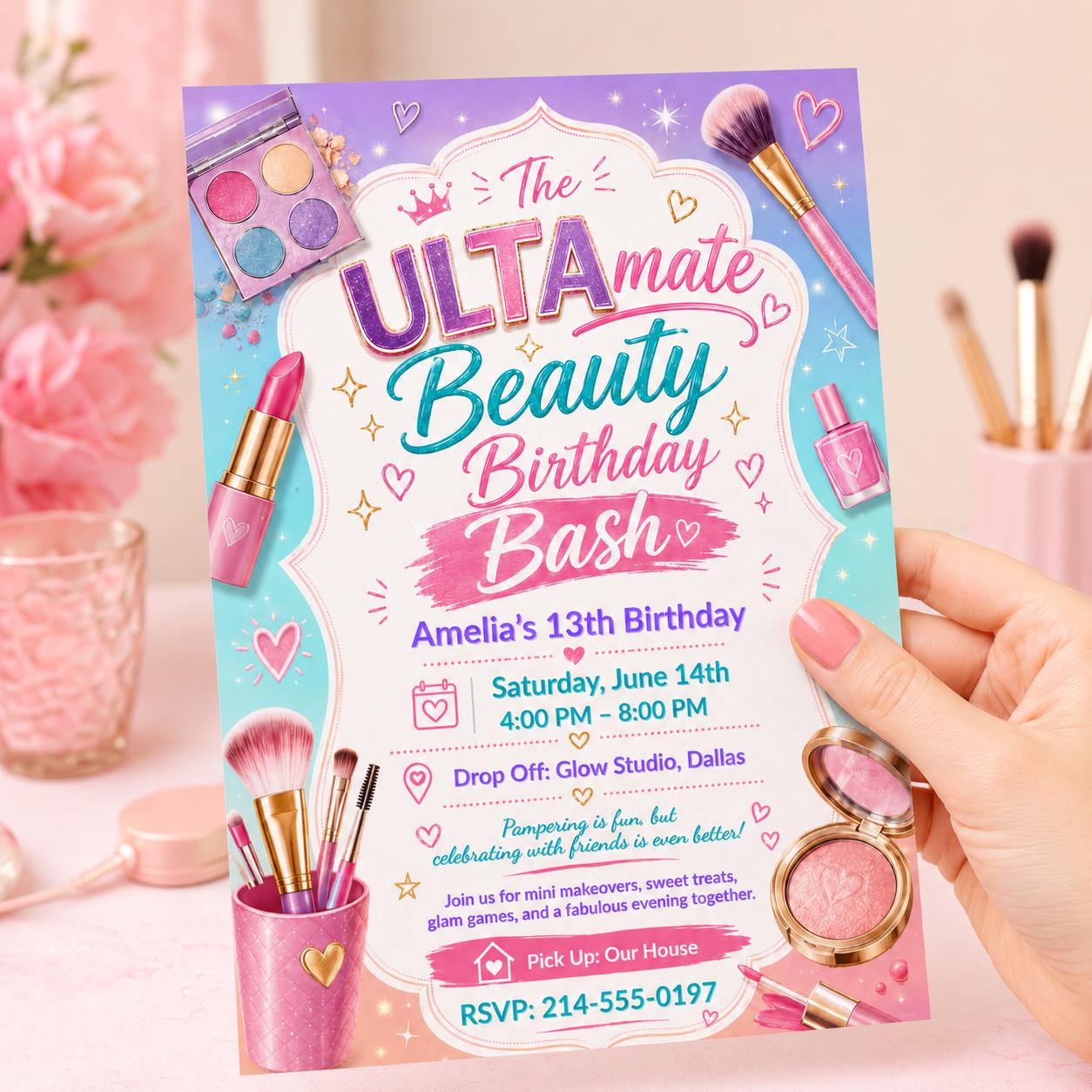 Ultra Beauty Inspired Birthday Invitation, Makeup Party, Tween Birthday Invite, Editable Canva Template __etsy:8054875403