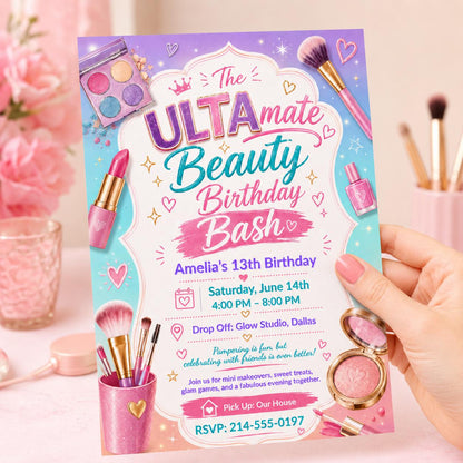 Ultra Beauty Inspired Birthday Invitation, Makeup Party, Tween Birthday Invite, Editable Canva Template __etsy:8054875403