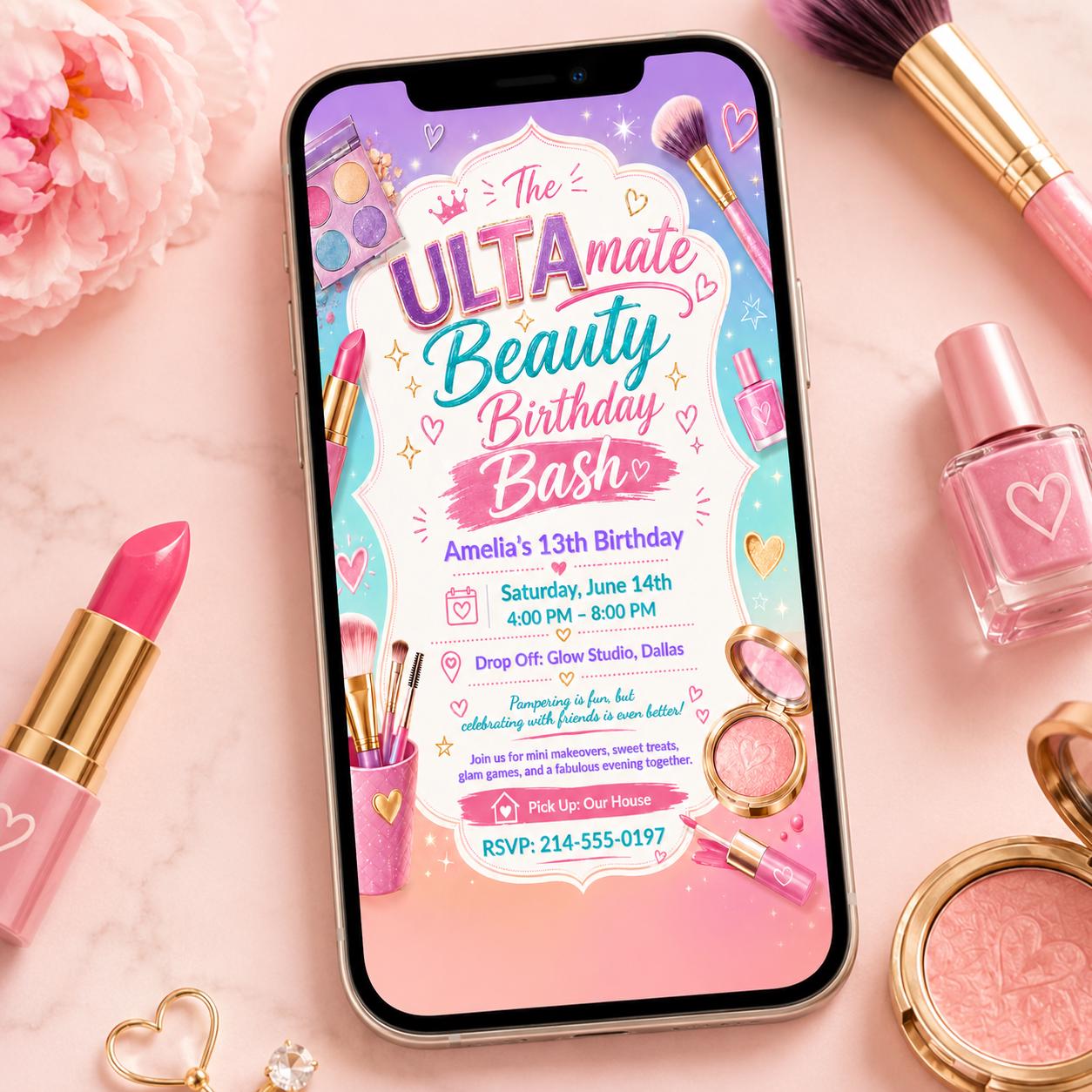 Ultra Beauty Inspired Birthday Invitation, Makeup Party, Tween Birthday Invite, Editable Canva Template __etsy:8006960474