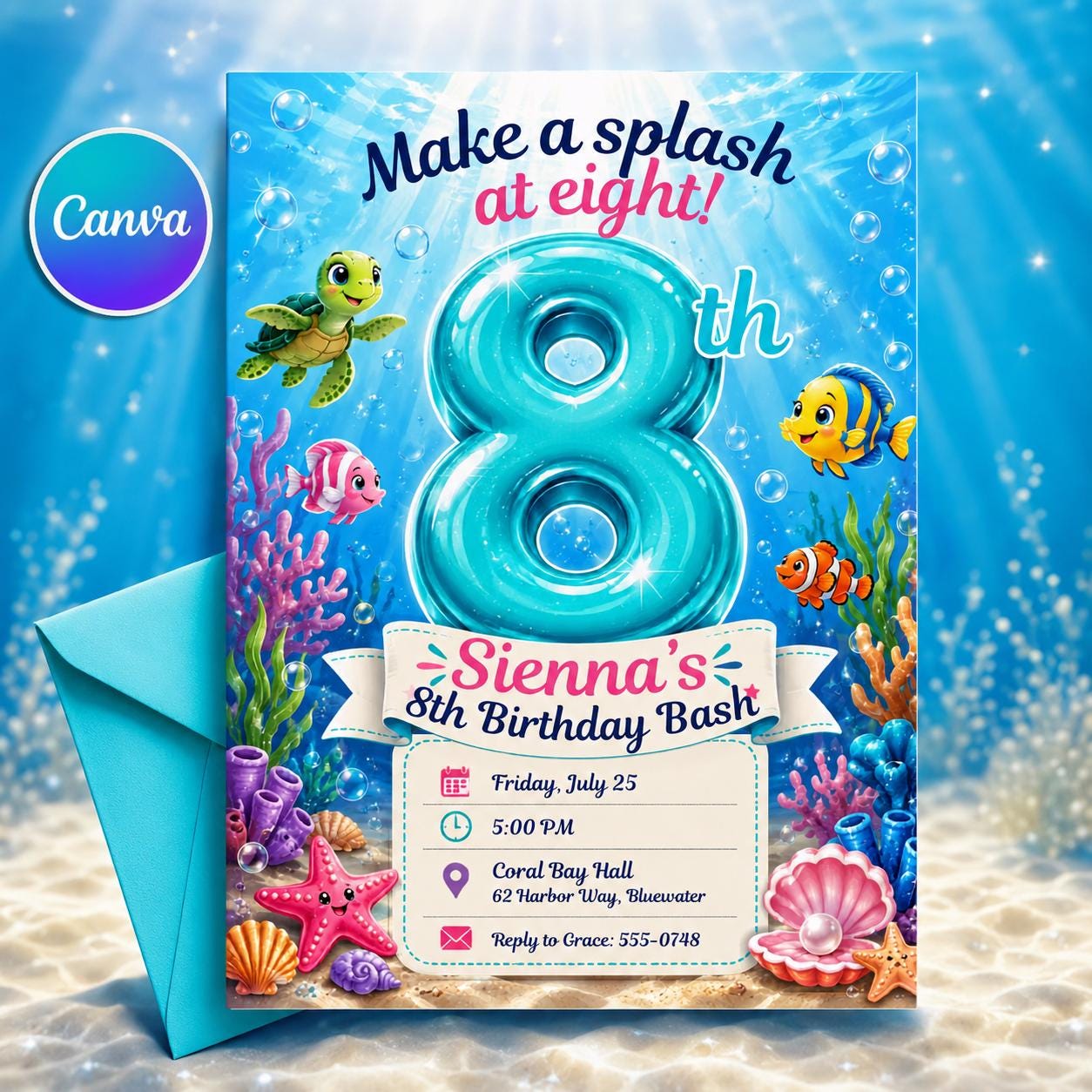 Under the Sea Birthday Invitation, Ocean Animals 8th Party Invite, Editable Printable Canva Template __etsy:8221838509