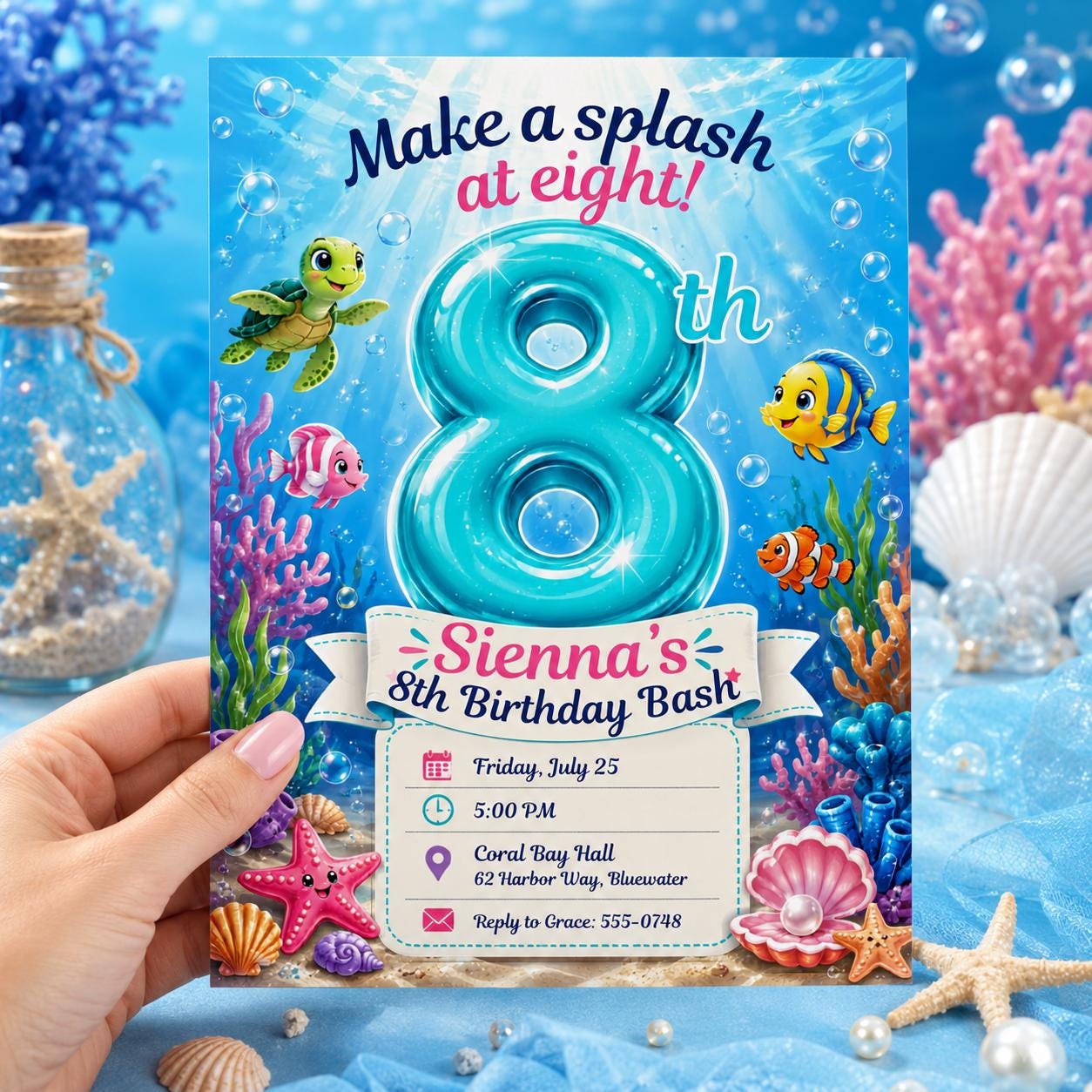 Under the Sea Birthday Invitation, Ocean Animals 8th Party Invite, Editable Printable Canva Template __etsy:8221838453