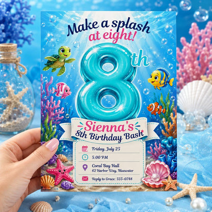 Under the Sea Birthday Invitation, Ocean Animals 8th Party Invite, Editable Printable Canva Template __etsy:8221838453