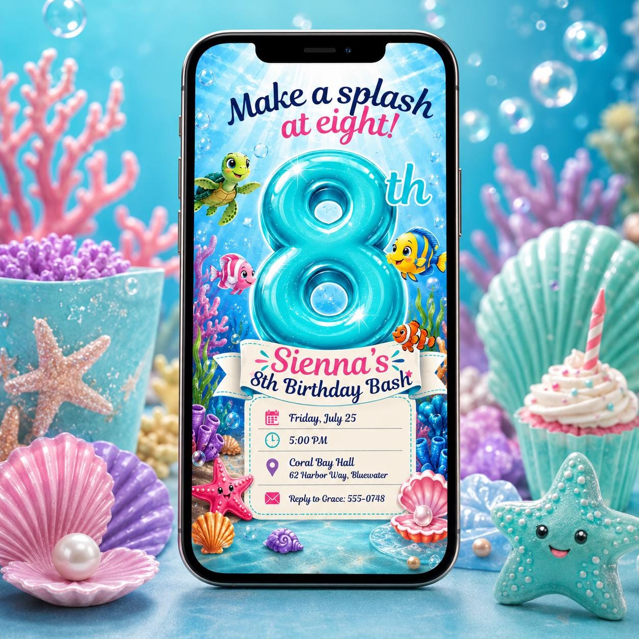 Under the Sea Birthday Invitation, Ocean Animals 8th Party Invite, Editable Printable Canva Template __etsy:8173907820