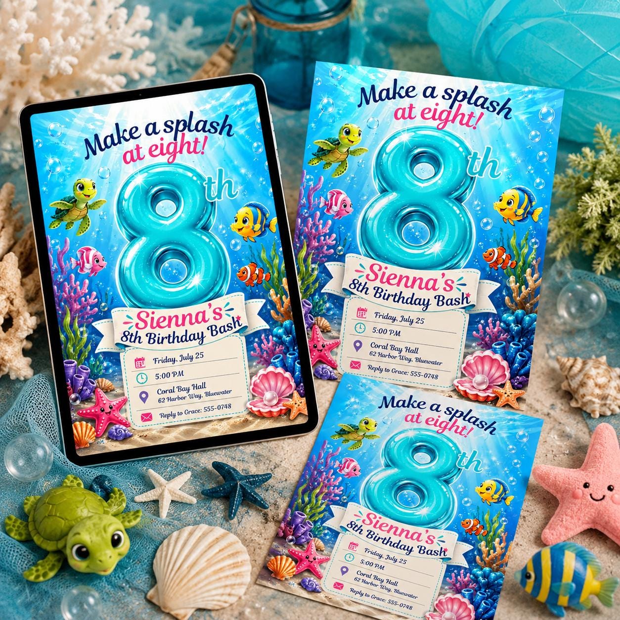 Under the Sea Birthday Invitation, Ocean Animals 8th Party Invite, Editable Printable Canva Template __etsy:8173907860