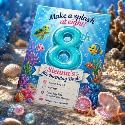 Under the Sea Birthday Invitation, Ocean Animals 8th Party Invite, Editable Printable Canva Template __etsy:8221838511