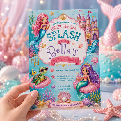 Under the Sea Birthday Invitation, Splash Into Fun Dolphin Birthday Invite, Mermaid Birthday Invitation Girl , Canva Template __etsy:8094119855