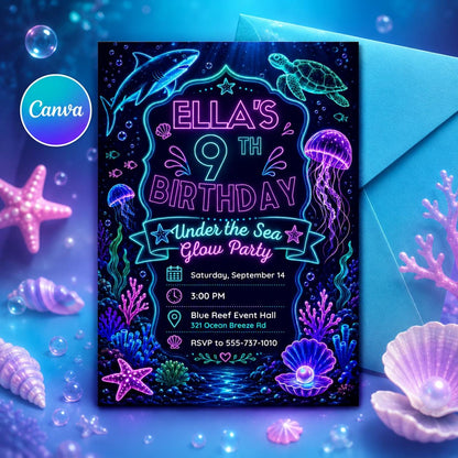 Under the Sea Glow Party Invitation, Neon Under the Sea Invitation, Pool Party Invitation, Ocean Sea Animals Party ,Editable Canva Template __etsy:8095064695