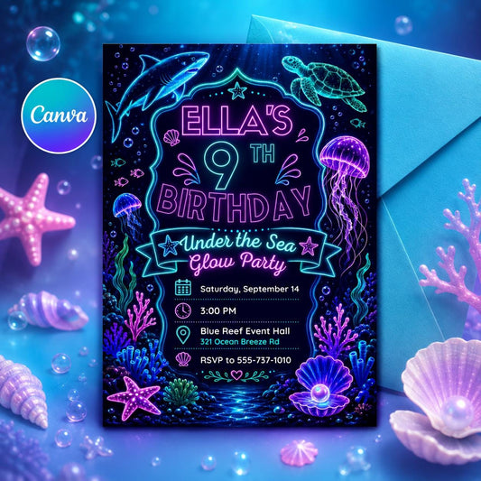 Under the Sea Glow Party Invitation, Neon Under the Sea Invitation, Pool Party Invitation, Ocean Sea Animals Party ,Editable Canva Template __etsy:8095064695