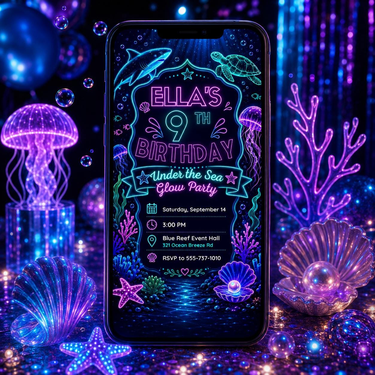 Under the Sea Glow Party Invitation, Neon Under the Sea Invitation, Pool Party Invitation, Ocean Sea Animals Party ,Editable Canva Template __etsy:8047156754