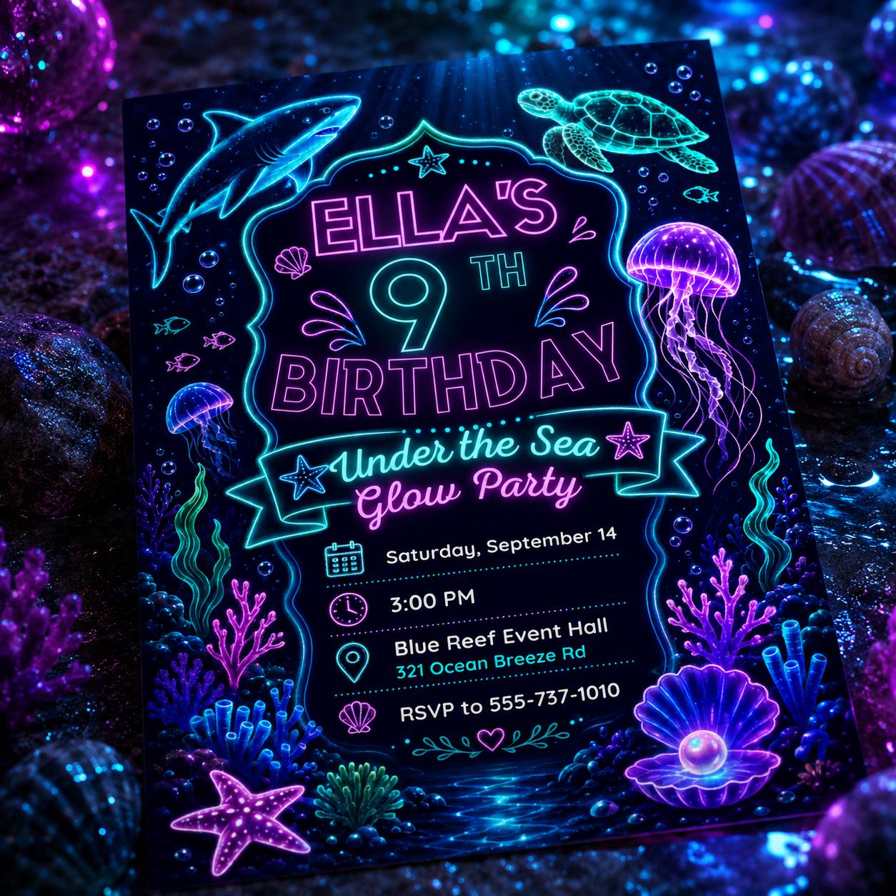 Under the Sea Glow Party Invitation, Neon Under the Sea Invitation, Pool Party Invitation, Ocean Sea Animals Party ,Editable Canva Template __etsy:8095064769