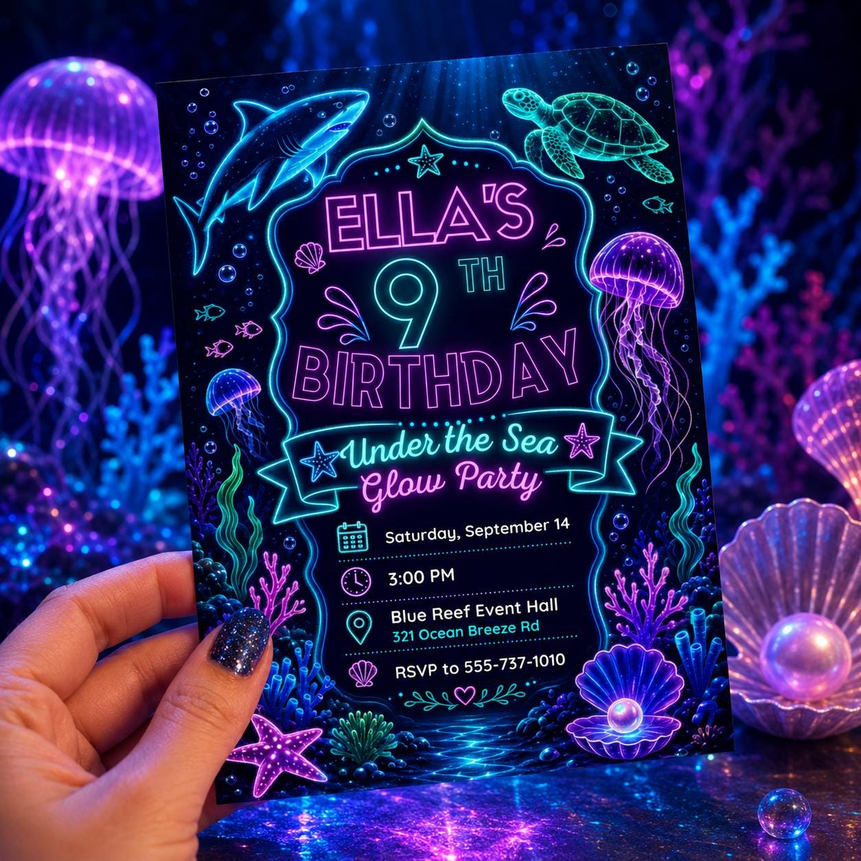 Under the Sea Glow Party Invitation, Neon Under the Sea Invitation, Pool Party Invitation, Ocean Sea Animals Party ,Editable Canva Template __etsy:8095065129