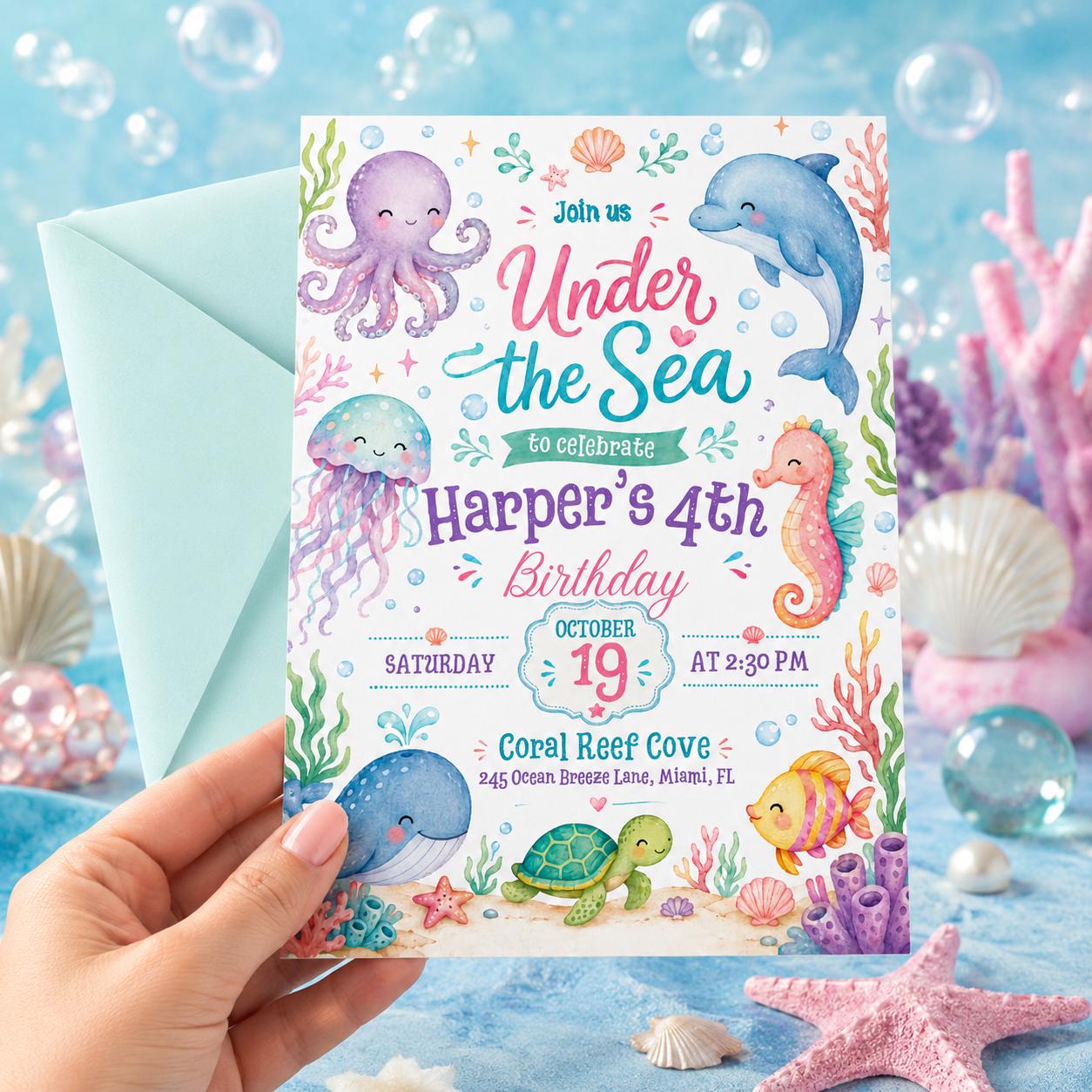 Under the Sea 4th Birthday Invitation, Ocean Animals Template (Editable Canva Invitation Template) __etsy:8043566173
