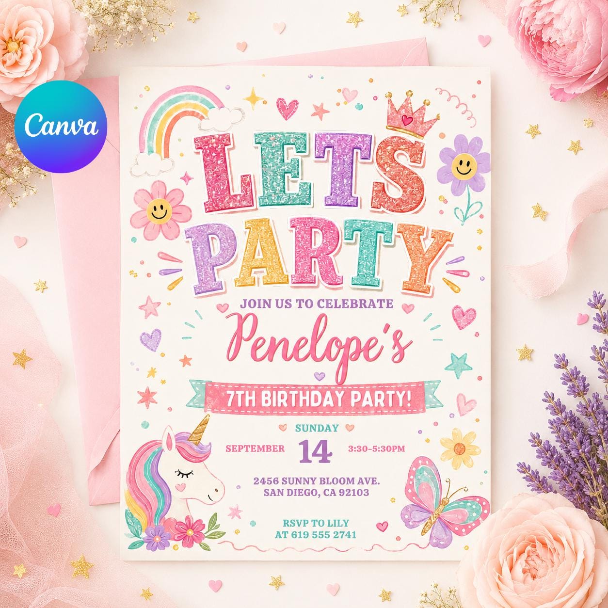 Unicorn Birthday Invitation: Editable Canva Party Template (Digital Download) __etsy:8000862204