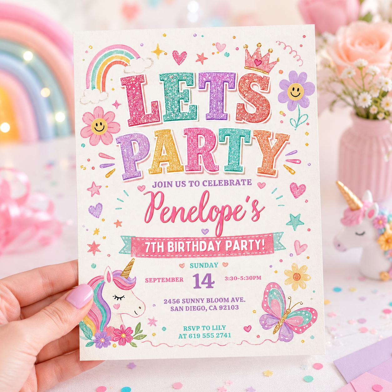 Unicorn Birthday Invitation: Editable Canva Party Template (Digital Download) __etsy:7999147008