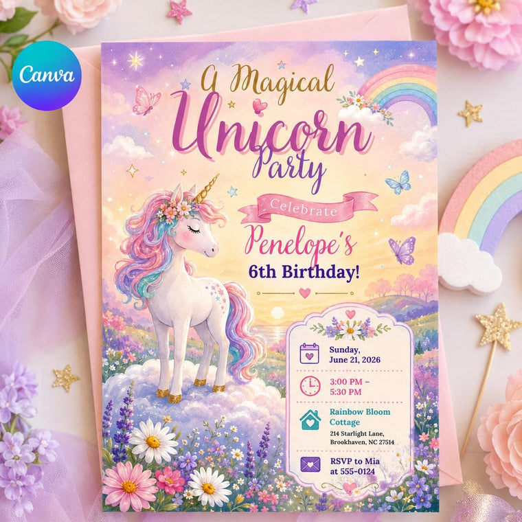 Rainbow Pastel Unicorn 6th Birthday Invitation
