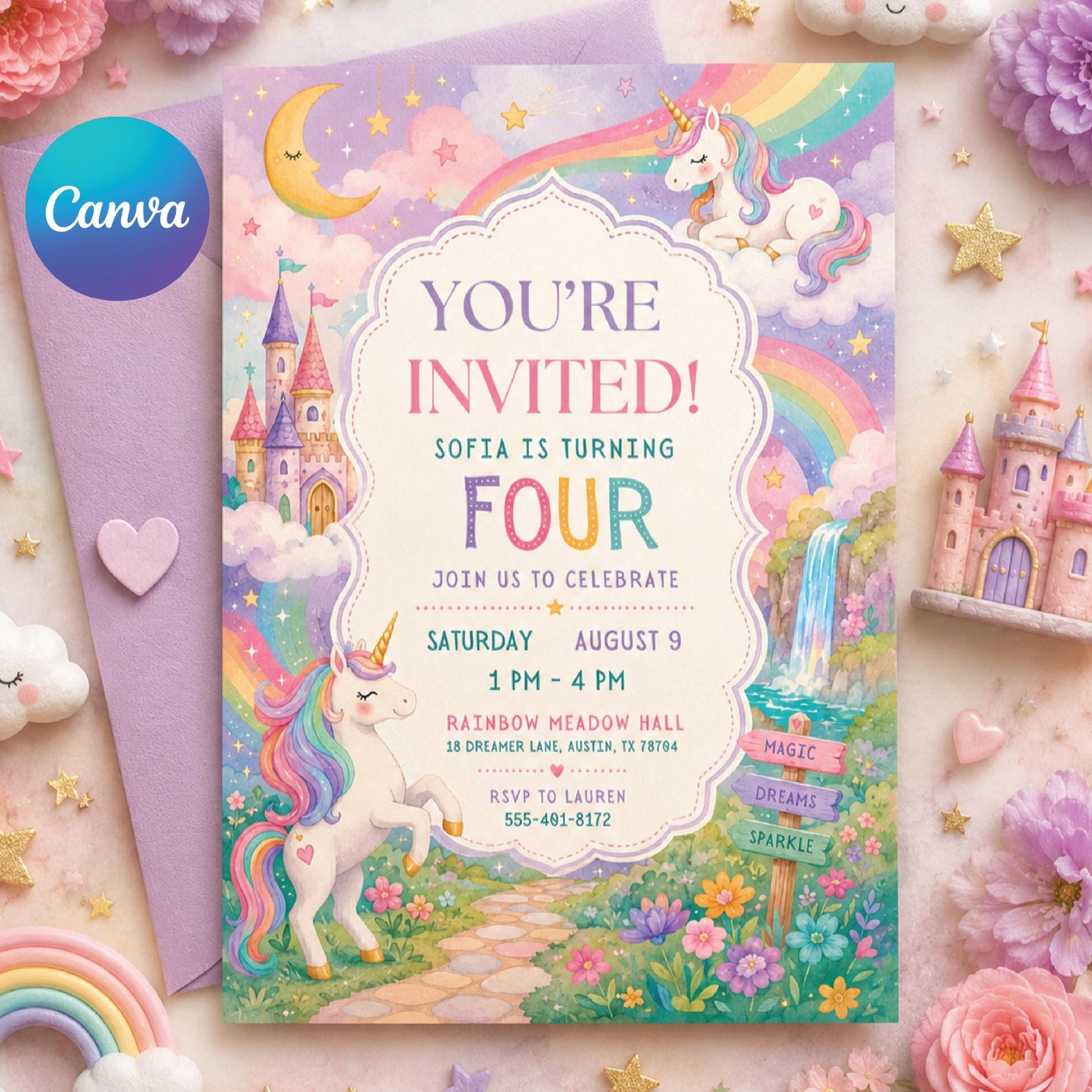 Unicorn 4th Birthday Invitation Template, Four Ever Magical, Pastel Unicorn Birthday Invite, Rainbow Unicorn Invitation, Canva template __etsy:8059635131