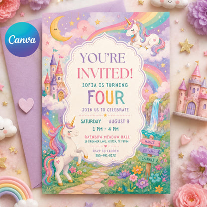 Unicorn 4th Birthday Invitation Template, Four Ever Magical, Pastel Unicorn Birthday Invite, Rainbow Unicorn Invitation, Canva template __etsy:8059635131