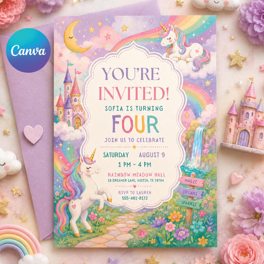 Unicorn 4th Birthday Invitation Template, Four Ever Magical, Pastel Unicorn Birthday Invite, Rainbow Unicorn Invitation, Canva template __etsy:8059635131