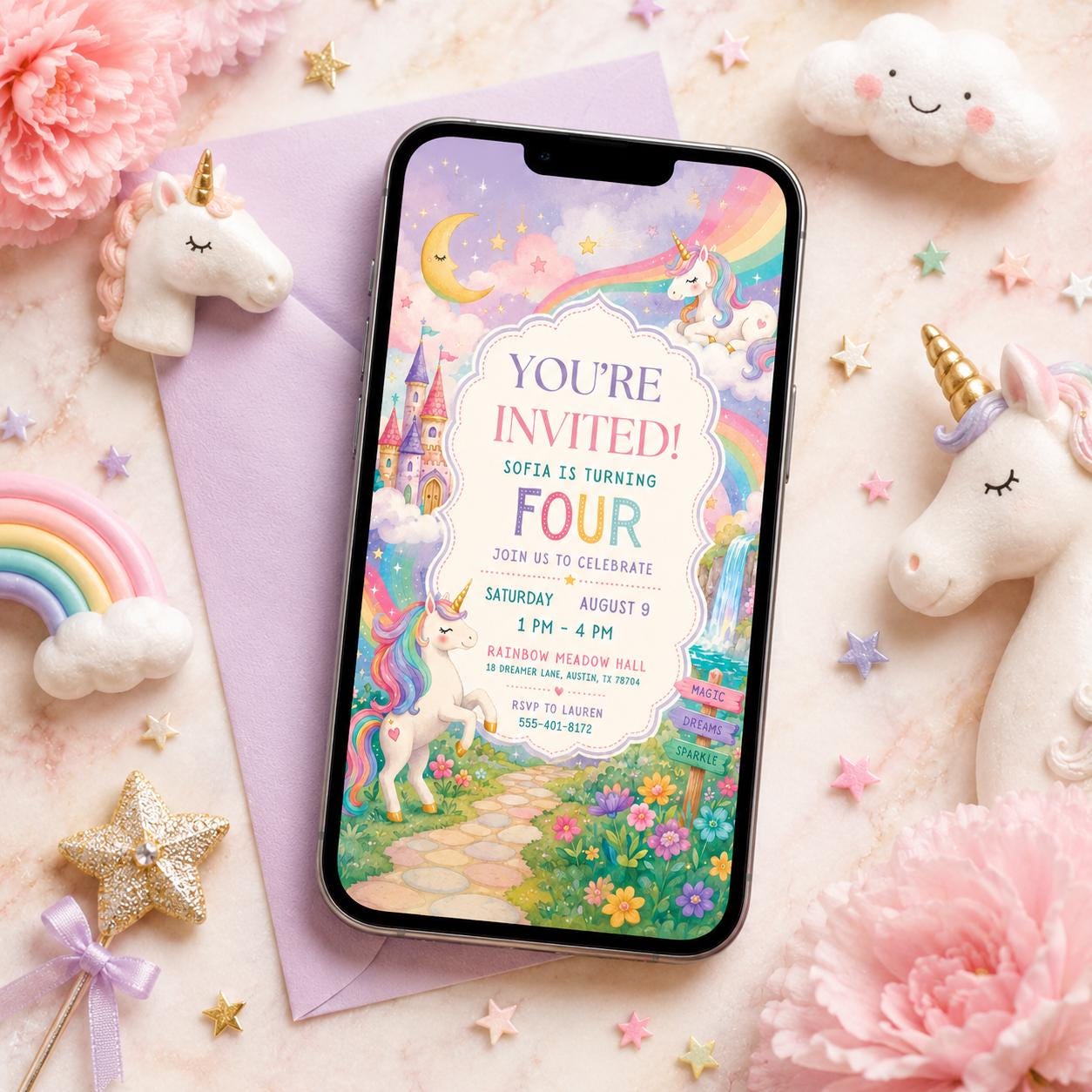 Unicorn 4th Birthday Invitation Template, Four Ever Magical, Pastel Unicorn Birthday Invite, Rainbow Unicorn Invitation, Canva template __etsy:8059627869