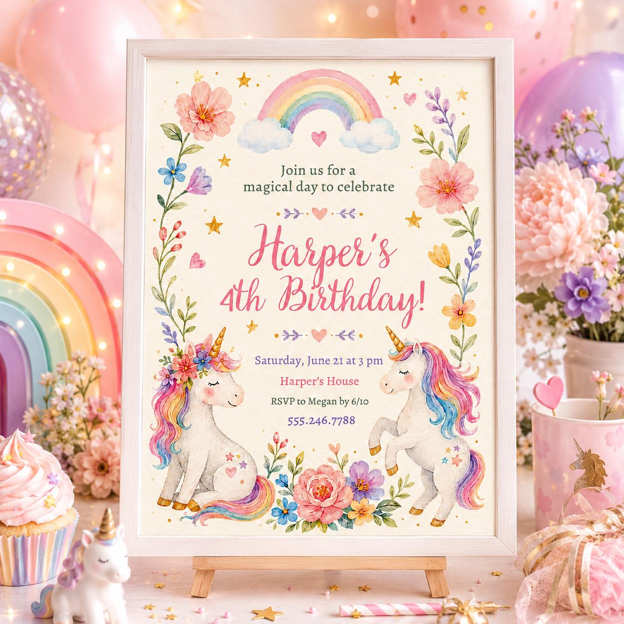 Unicorn 4th Birthday Invitation Template, Four Ever Magical, Pastel Unicorn Birthday Invite, Rainbow Unicorn Invitation, Canva template __etsy:8011718880