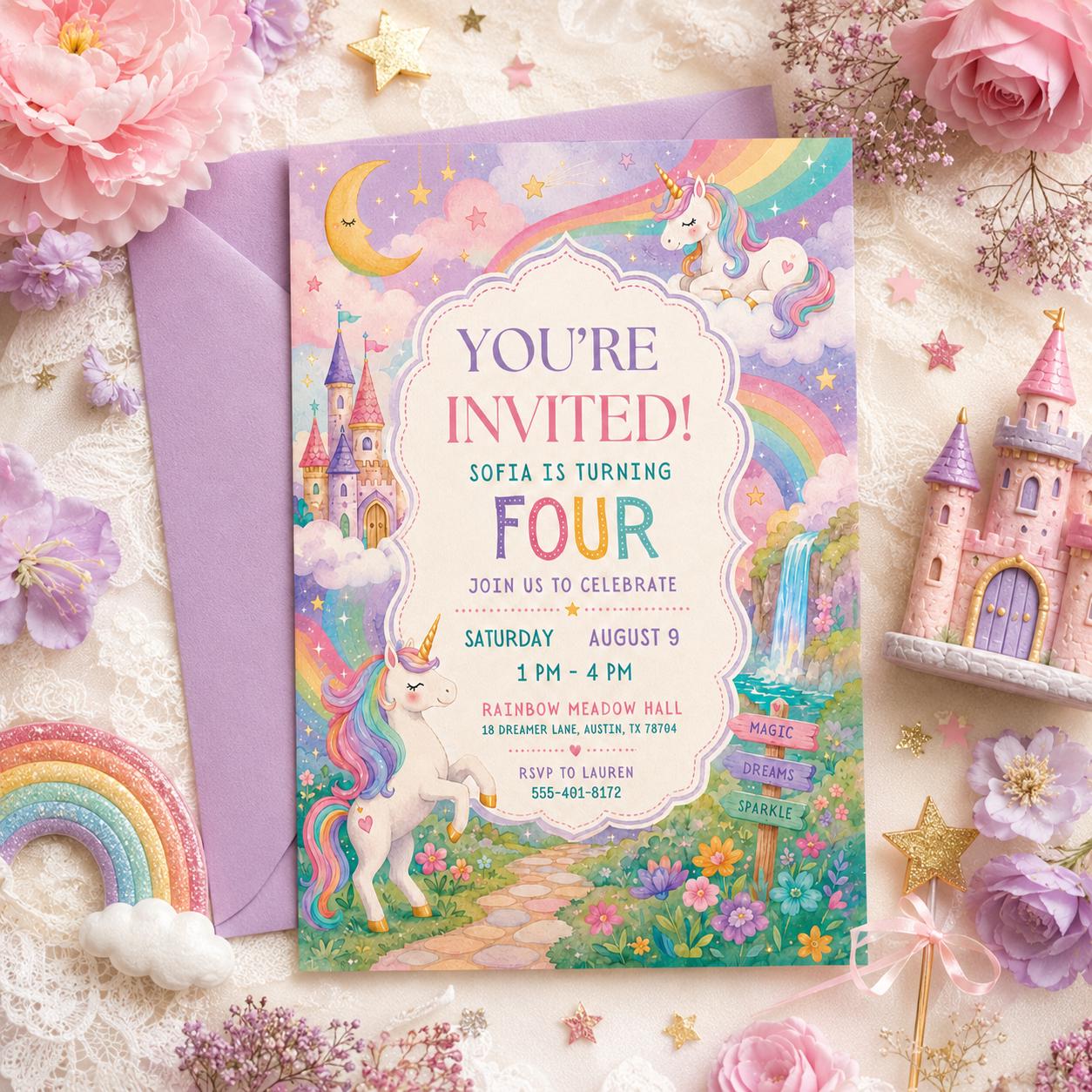 Unicorn 4th Birthday Invitation Template, Four Ever Magical, Pastel Unicorn Birthday Invite, Rainbow Unicorn Invitation, Canva template __etsy:8059628205