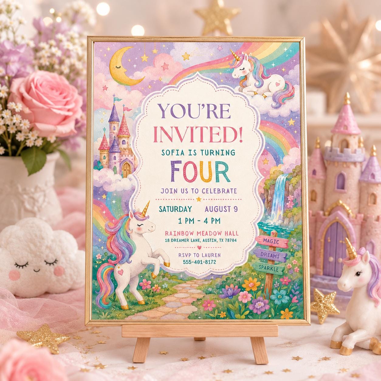 Unicorn 4th Birthday Invitation Template, Four Ever Magical, Pastel Unicorn Birthday Invite, Rainbow Unicorn Invitation, Canva template __etsy:8011716216