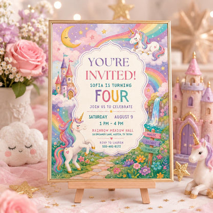 Unicorn 4th Birthday Invitation Template, Four Ever Magical, Pastel Unicorn Birthday Invite, Rainbow Unicorn Invitation, Canva template __etsy:8011716216