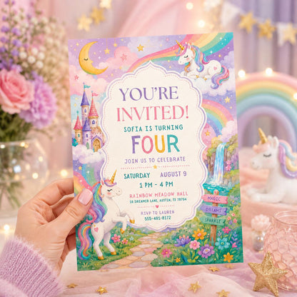 Unicorn 4th Birthday Invitation Template, Four Ever Magical, Pastel Unicorn Birthday Invite, Rainbow Unicorn Invitation, Canva template __etsy:8011720452