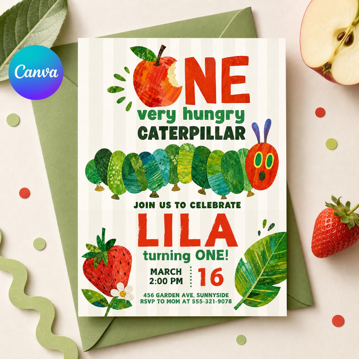 Very Hungry Caterpillar First Birthday Invitation, Hungry Caterpillar Invite, Kid Invitation, Any Age, Caterpillar Invitation Template __etsy:7982086064