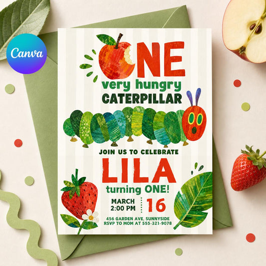 Very Hungry Caterpillar First Birthday Invitation, Hungry Caterpillar Invite, Kid Invitation, Any Age, Caterpillar Invitation Template __etsy:7982086064