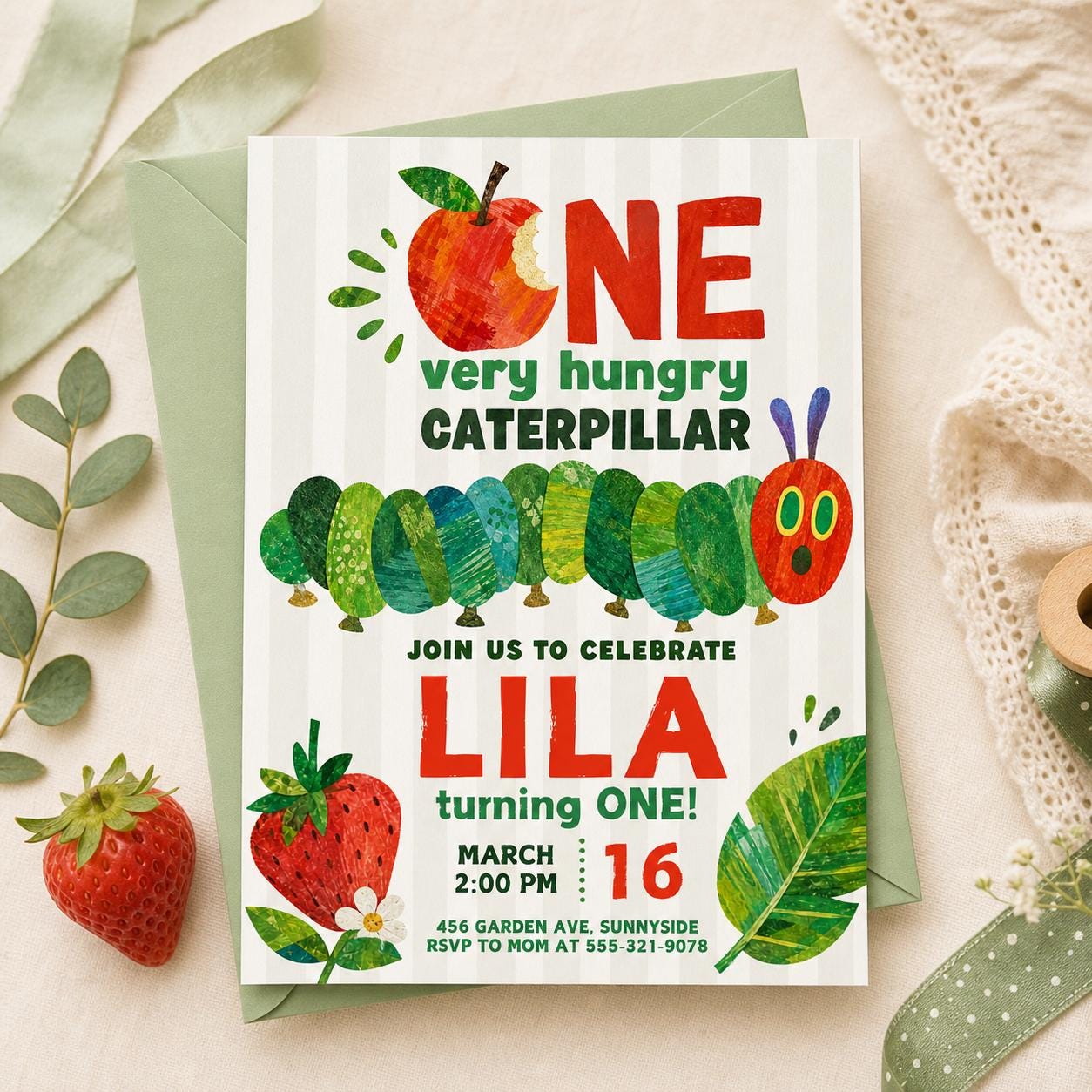 Very Hungry Caterpillar First Birthday Invitation, Hungry Caterpillar Invite, Kid Invitation, Any Age, Caterpillar Invitation Template __etsy:8029980879