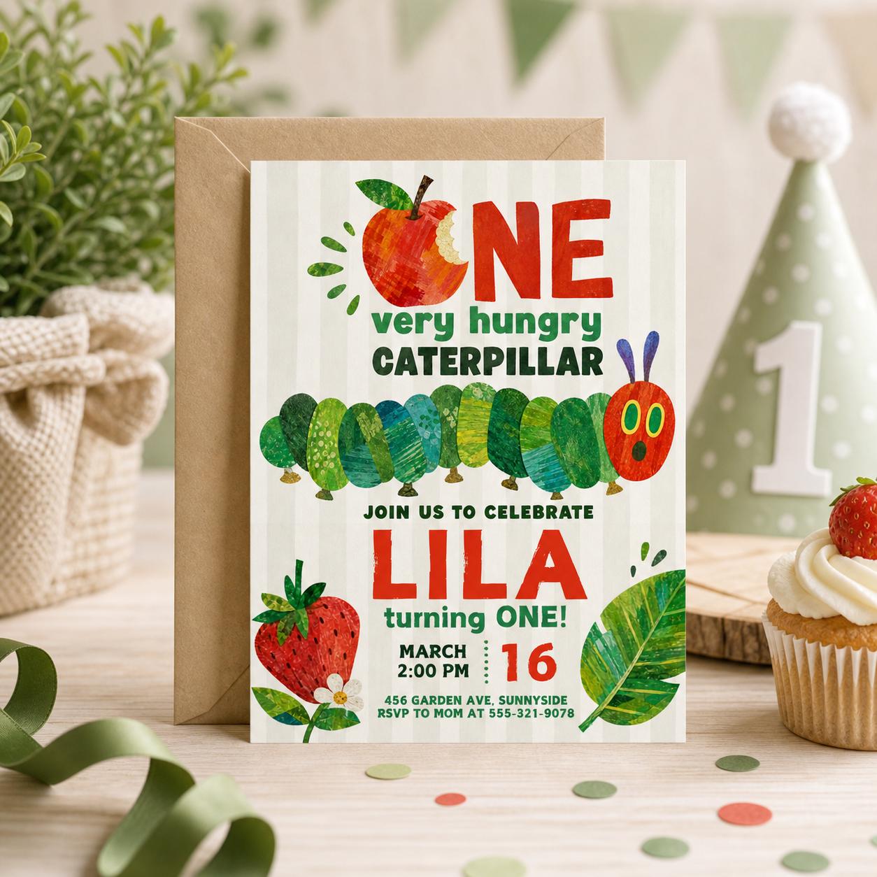 Very Hungry Caterpillar First Birthday Invitation, Hungry Caterpillar Invite, Kid Invitation, Any Age, Caterpillar Invitation Template __etsy:8029980441