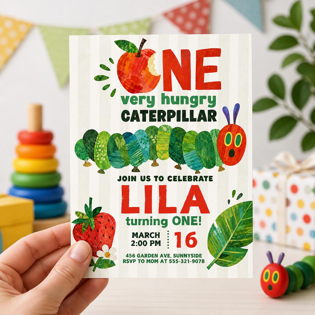 Very Hungry Caterpillar First Birthday Invitation, Hungry Caterpillar Invite, Kid Invitation, Any Age, Caterpillar Invitation Template __etsy:8029980489