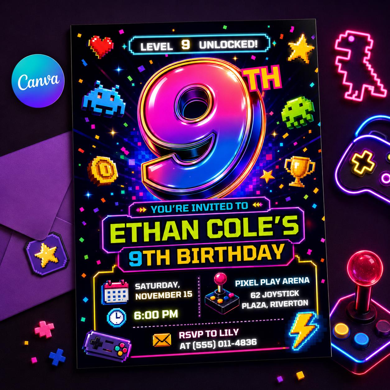 Video Game Birthday Invitation, Level 9 Unlocked 9th Birthday Gamer Invite, Editable Printable Canva Template __etsy:8221837353