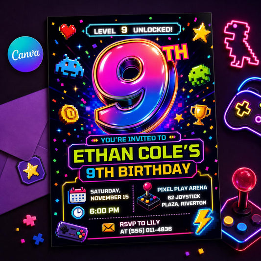 Video Game Birthday Invitation, Level 9 Unlocked 9th Birthday Gamer Invite, Editable Printable Canva Template __etsy:8221837353